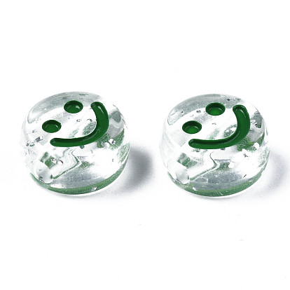 Transparent Acrylic Beads, Horizontal Hole, with Glitter Powder & Enamel, Flat Round with Smile Face