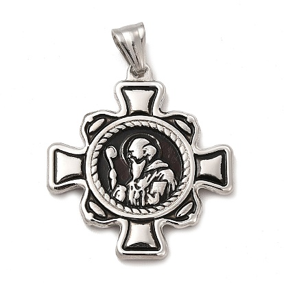 Ion Plating(IP) 304 Stainless Steel Religion Big Pendants, Saint Benedict of Nursia Maltese Cross Charms, with Black Enamel