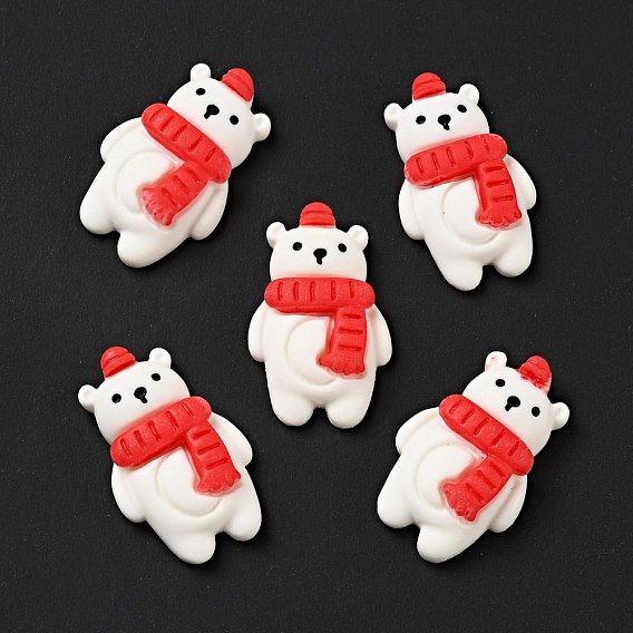 Opaque Christmas Resin Cabochons, Bear with Red Scarf