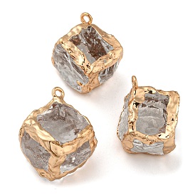 Glass Pendants, with with Golden Plated Brass Frame, Cube