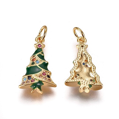 Brass Cubic Zirconia Pendants, with Enamel and Jump Ring, Christmas Tree, Green