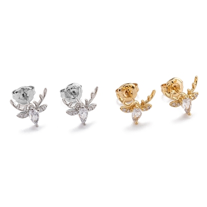Brass Micro Pave Clear Cubic Zirconia Stud Earrings, with Ear Nuts, Long-Lasting Plated, Deer