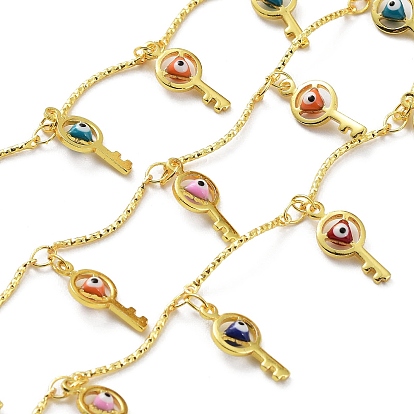Brass Curved Bar Link Chains, with Colorful Enamel Key with Evil Eye Charms, Soldered, with Spool