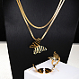 Golden Stainless Steel Jewelry Set, Stu Earrings & Adjustable Ring & Herringbone Chains Double Layer Necklace