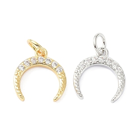 Brass Cubic Zirconia Charms, with Jump Ring, Long-Lasting Plated, Lead Free & Cadmium Free, Double Horn/Crescent Moon