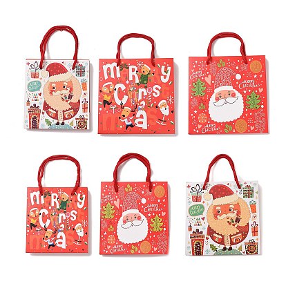 Christmas Santa Claus Print Paper Gift Bags with Nylon Cord Handle, Rectangle/Square, Red