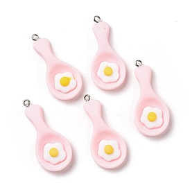 Opaque Resin Pendants, with Platinum Tone Iron Loops, Imitation Food, Spoon with Poached Egg