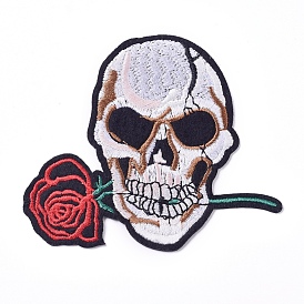 Computerized Embroidery Cloth Iron on/Sew on Patches, Costume Accessories, Appliques, Skull with Rose