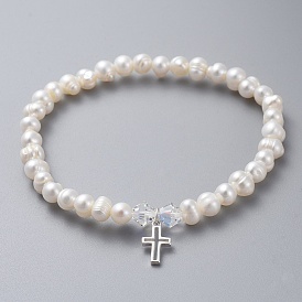 Natural Freshwater Pearl Beads Stretch Bracelets, with 925 Sterling Silver Charms, Austrian Crystal Beads and Cardboard Boxes, Cross
