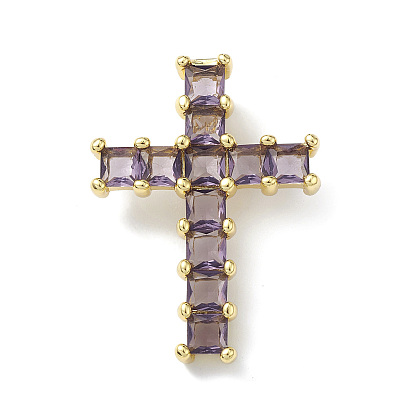 Rack Plating Brass Pendant, with Glass, Lead Free & Cadmium Free, Cross Charms, Real 18K Gold Plated