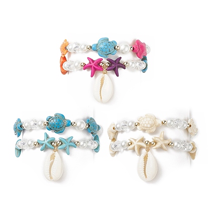 Ensemble de bracelets extensibles en perles de verre, style étoile de mer et tortue, turquoise synthétique (teint) et perles de verre, charmes de coquillages naturels bracelets océaniques pour femmes