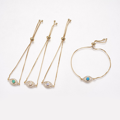 Bracelets bolo réglables en laiton, bracelets de slider, Avec de l'opale synthétique et de la zircone cubique, oeil