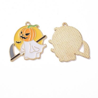 Halloween Theme Alloy Enamel Pendants, Light Gold, Ghost with Pumpkin