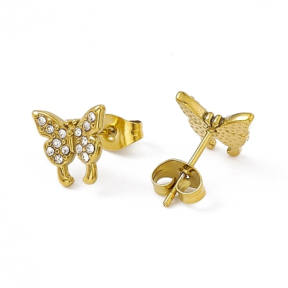 Crystal Rhinestone Butterfly Stud Earrings, Vacuum Plating 304 Stainless Steel Jewelry for Women