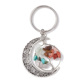 Gemstone Keychain, with 304 Stainless Steel Keychain Clasp and Tibetan Style Alloy  2-Loop Link Pendants, Moon & Tree of Life