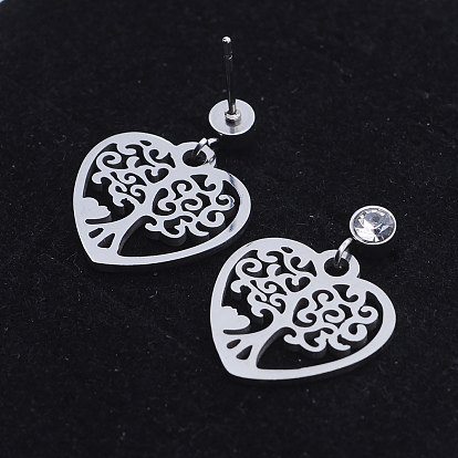 201 Stainless Steel Dangle Stud Earrings, with Clear Cubic Zirconia, Heart with Tree of Life
