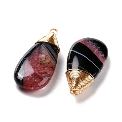 Natural Brazilian Agate Pendants, with Real 18K Gold Plated Tone Brass Wire Wrapped, Dyed & Heated, Teardrop