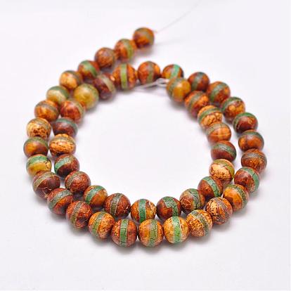 Tibetan Style Striped Pattern dZi Beads Strands, Natural & Dyed Agate Beads,  Matte Style, Round
