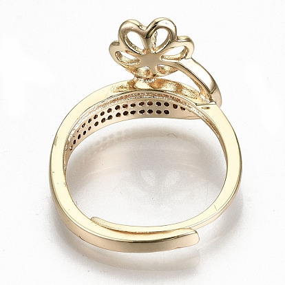 Ajustes de anillo de dedo de circonita cúbica micro de latón ajustable, por medio perforó perlas, sin níquel, flor