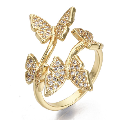 Brass Micro Pave Cubic Zirconia Cuff Rings, Open Rings, Nickel Free, Butterfly, Clear