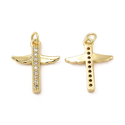 Brass Micro Pave Clear Cubic Zirconia Connector Charms, Cross Wing Links