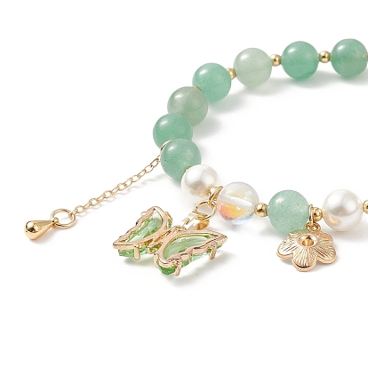 Round Natural Gemstone & Shell Pearl Beaded Stretch Bracelet, Glass Butterfly & Brass Flower Charms Bracelet for Women