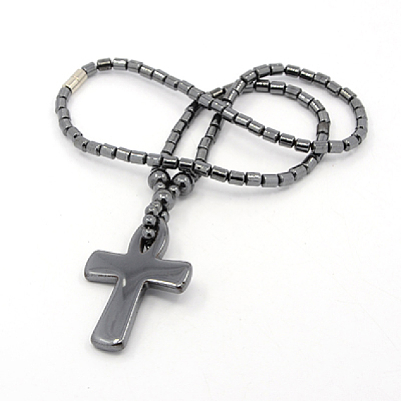 Mens Saint Ankh Cross Magnetic Synthetic Hematite Pendant Necklaces, Easter Mass Pray Jewelry, with Brass Magnetic Clasps, 18.1 inch 