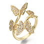 Brass Micro Pave Cubic Zirconia Cuff Rings, Open Rings, Nickel Free, Butterfly, Clear