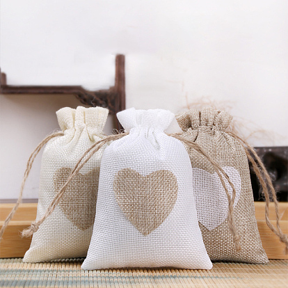 Linenette Drawstring Bags, Rectangle with Heart Pattern