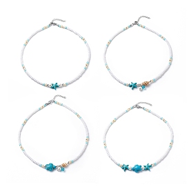 4pcs 4 style perle naturelle & coquillage & colliers de perles turquoises synthétiques teints ensemble, colliers de thème de l'océan étoile de mer et tortue de pierres précieuses pour les femmes