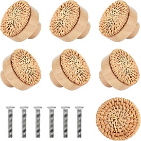 Rattan Wood Drawer Knobs, Flat Round Cabinet Handle, with Screws