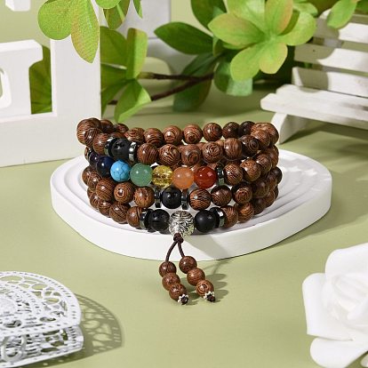 Natural Wood Stackable Beads Bracelets for Men Woman, 4 Layer Wrap Bracelets, with Synthetic & Natural Gemstone Beads