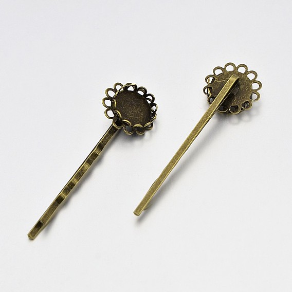 Vintage Hair Accessories Iron Hair Bobby Pin Findings, with Filigree Flower Cabochon Bezel Settings, Tray: 12mm, 61x17x8mm