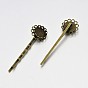 Vintage Hair Accessories Iron Hair Bobby Pin Findings, with Filigree Flower Cabochon Bezel Settings, Tray: 12mm, 61x17x8mm