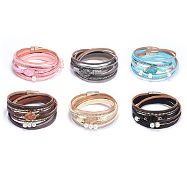 PU Leather Multi-strand Bracelets, with Acrylic Pearl Beads, Wax Polyester Cords and Alloy Findings