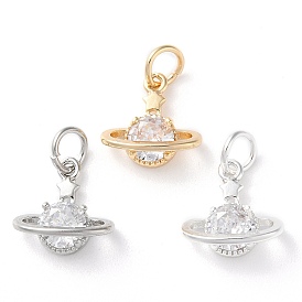 Rack Plating Brass Micro Pave Clear Cubic Zirconia Charms, Long-Lasting Plated, with Jump Rings, Planet