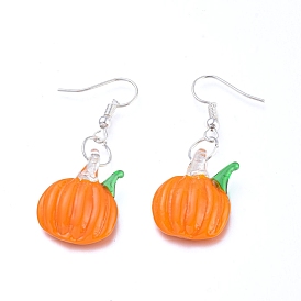 Handmade Lampwork Dangle Earrings, with Brass Earring Hooks, Pumpkin, Dark Orange