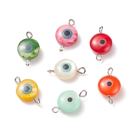 Natural Freshwater Shell Connector Charms, with Platinum Iron Double Loops, Flat Round with Evil Eye, Dyed