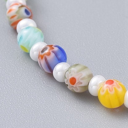 Millefiori Glass Beaded Bracelets, with Round Glass Seed Beads, Brass Beads and 304 Stainless Steel Lobster Claw Clasps