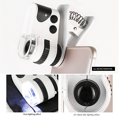 Abs en plastique à fort grossissement, loupe claire, clip de téléphone portable, avec lentille optique acrylique et lumière led, pour charger usb
