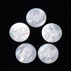 Natural White Shell Cabochons, Flat Round with Bird