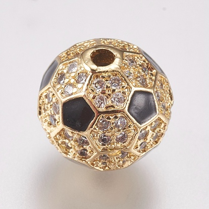 Brass Micro Pave Cubic Zirconia Beads, with Enamel, Round, Black & Clear