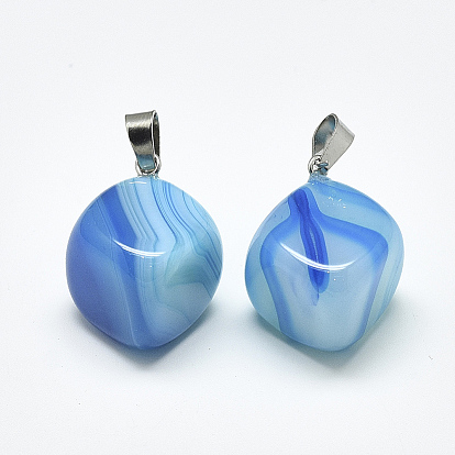 Natural Banded Agate/Striped Agate Pendants, Dyed, with Stainless Steel Snap On Bails, Cube, Stainless Steel Color