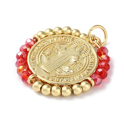 Rack Plating Real 18K Gold Plated Brass Saint Benedict Pendants, with Glass Beaded, Cadmium Free & Lead Free, Long-Lasting Plated