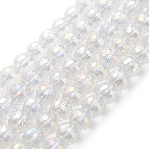 Brins de perles de cristal de quartz synthétique galvanisées, ronde à facettes