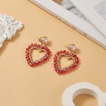 Boucles d'oreilles pendantes en perles de verre enveloppées, boucle d'oreille perle imitation plastique ABS coeur laiton pour femme