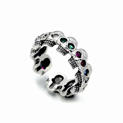 Colorful Rhinestone Skull Wrap Open Cuff Ring, Gothic Brass Jewelry for Women