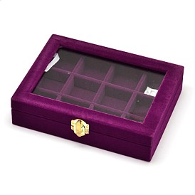 Wooden Rectangle Jewelry Boxes, Covered with Velvet, with Glass and Iron Clasps, 12 Compertments, 20.2x15.3x4.8cm