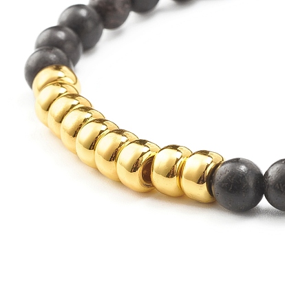 Wooden Beads Stretch Bracelets Set, with Synthetic Hematite Beads and Brass Beads