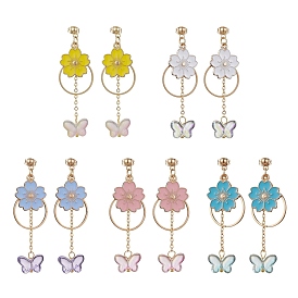 Golden Alloy Enamel Flower Dangle Stud Earrings, Glass Butterfly Tassel Earrings
